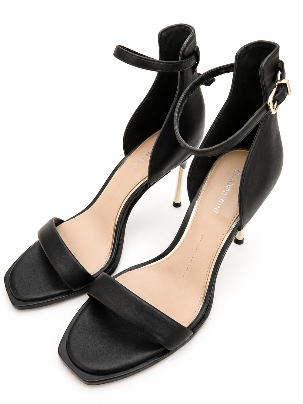 Gianni Bini Black Ankle-Strap Stiletto Sandals with Gold Buckle